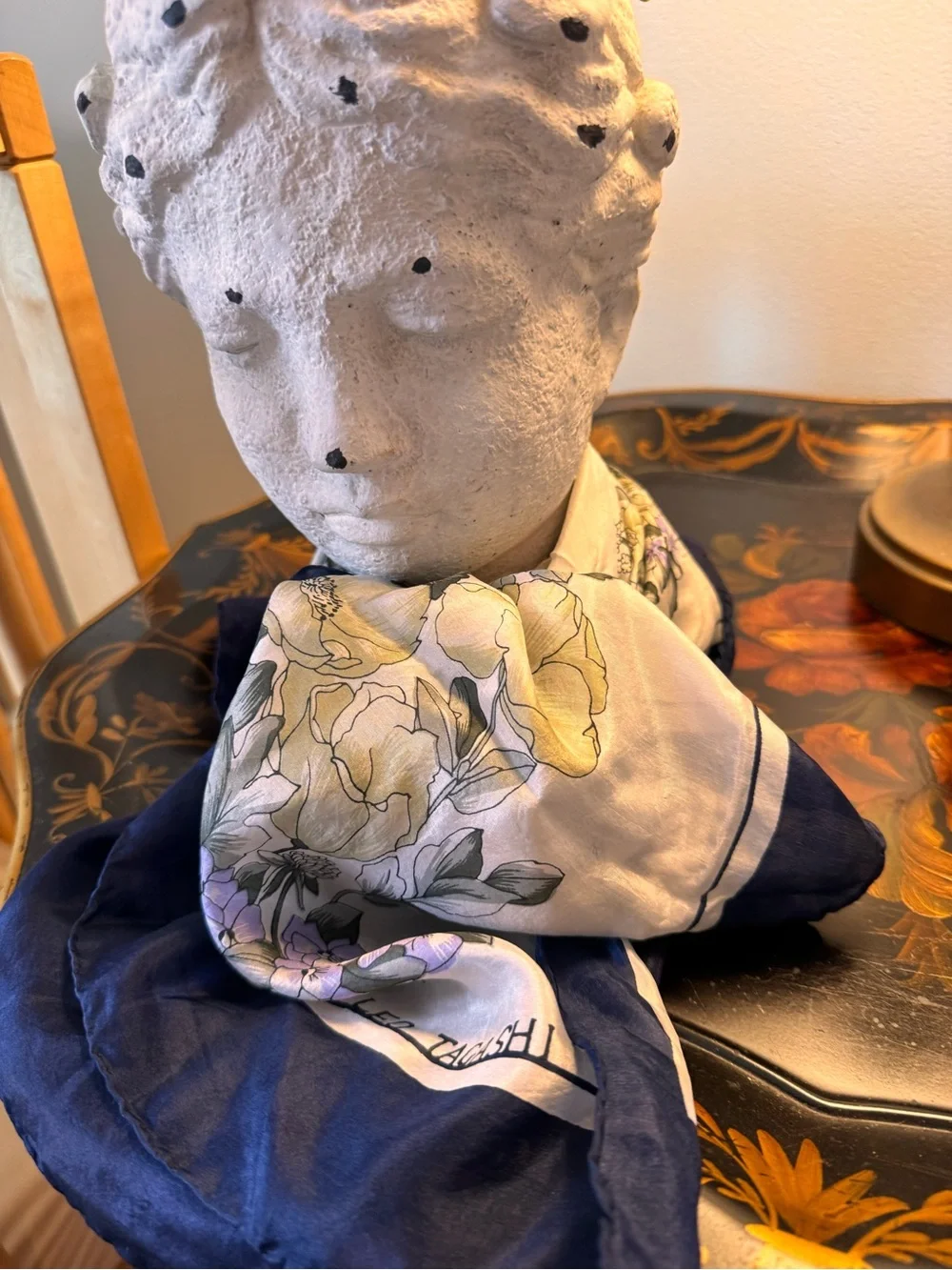 Leo Tagashi Large Floral 100% Silk-Scarf in Navy & Cream